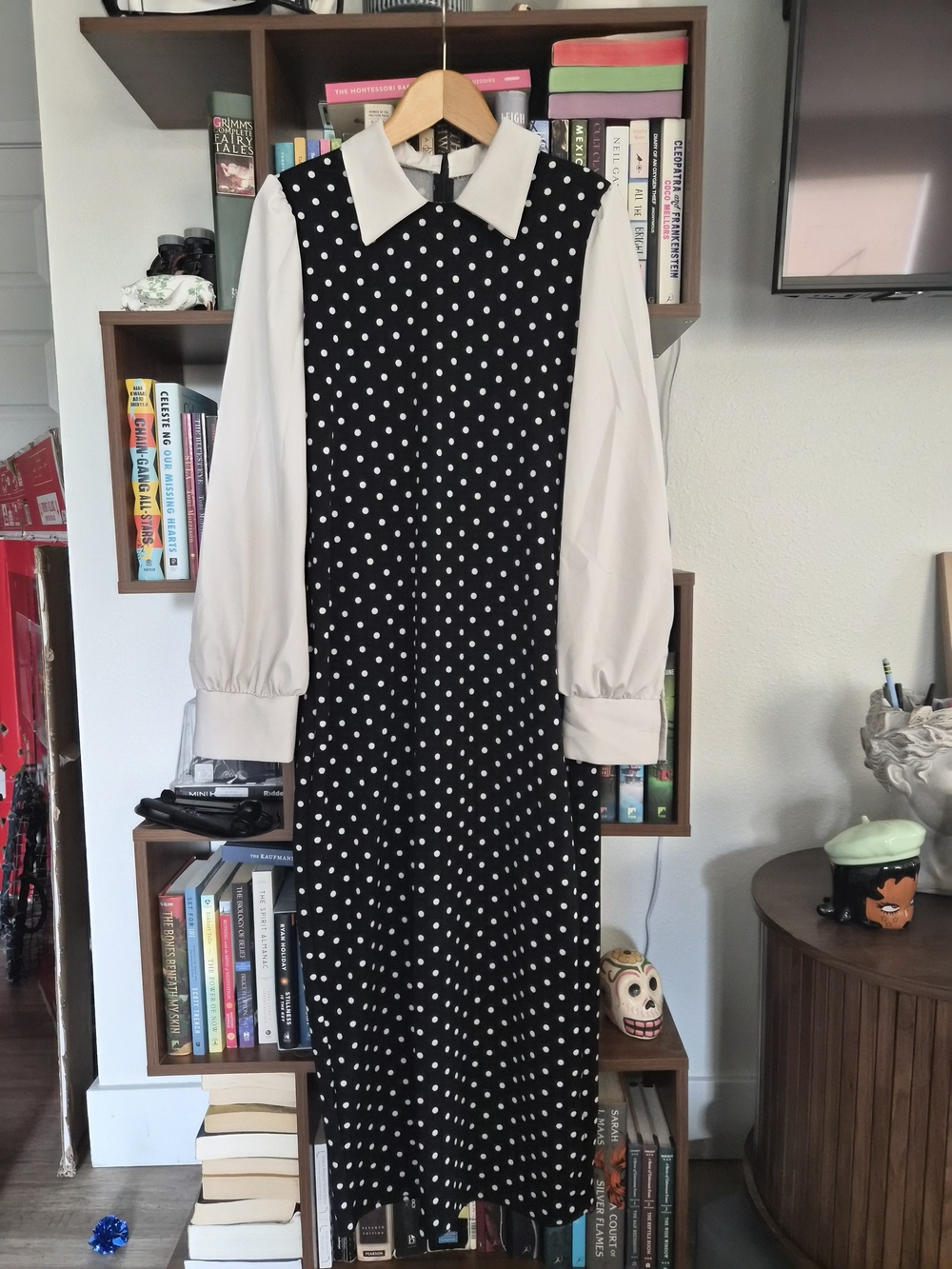 Polka Dot Long Sleeve Black & White Midi Dress
